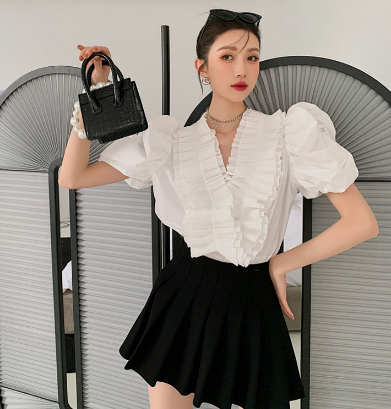 Fashion Puff Sleeve Ladies Blouse With Ruffle