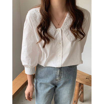 Loose Three-quarter Sleeve Shirt With Doll Collar