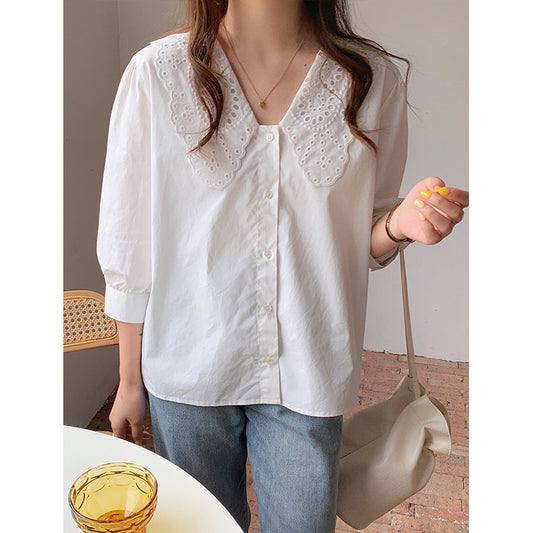 Loose Three-quarter Sleeve Shirt With Doll Collar