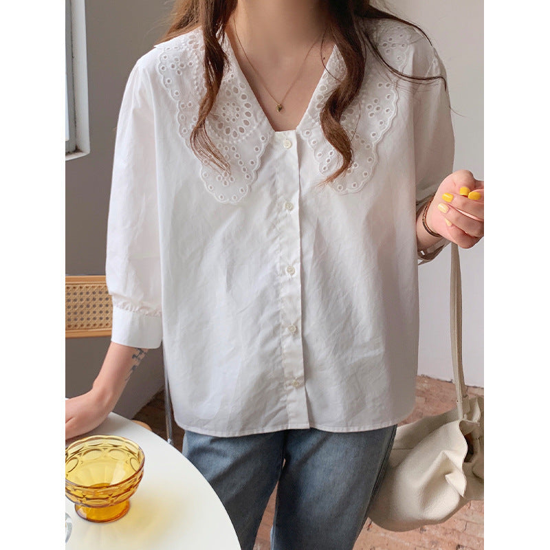 Loose Three-quarter Sleeve Shirt With Doll Collar