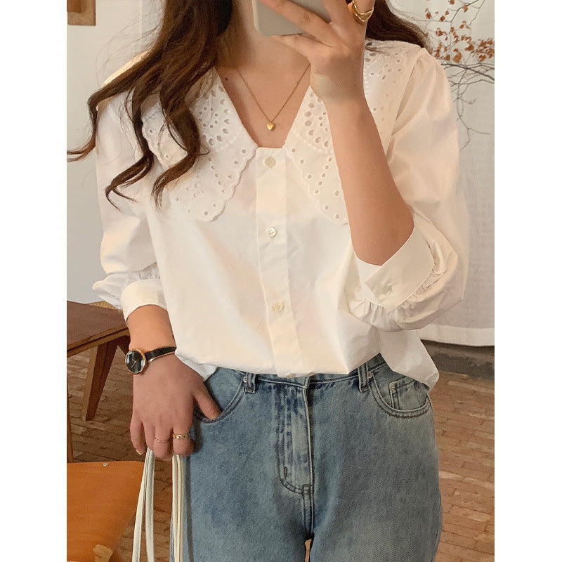 Loose Three-quarter Sleeve Shirt With Doll Collar