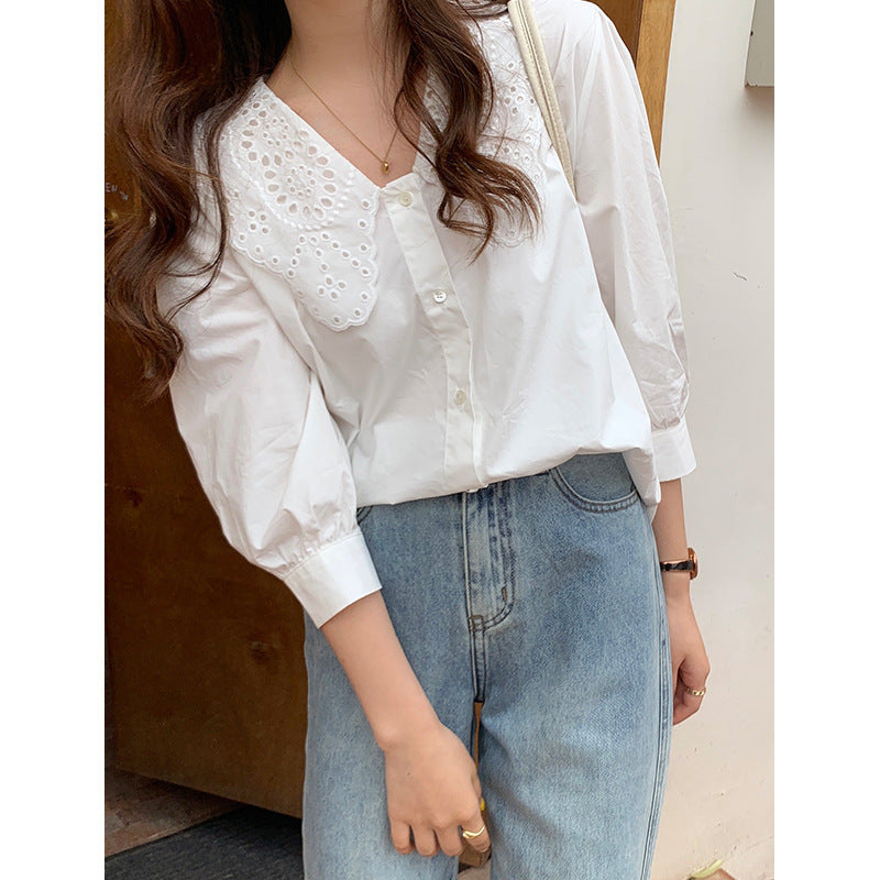 Loose Three-quarter Sleeve Shirt With Doll Collar