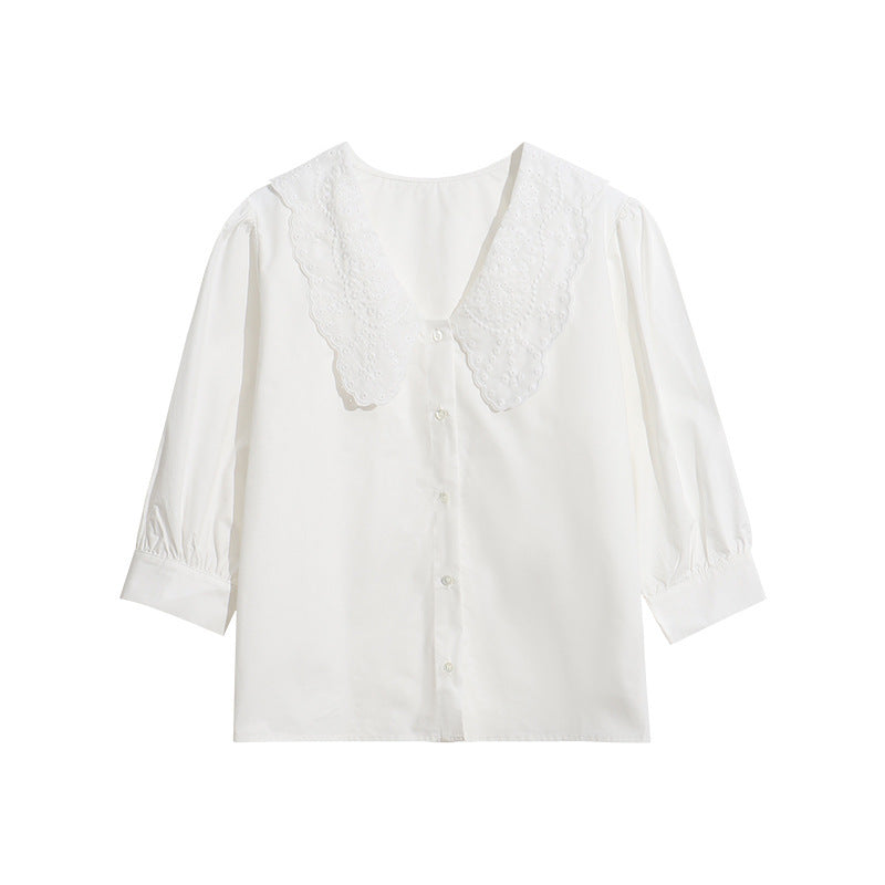 Loose Three-quarter Sleeve Shirt With Doll Collar