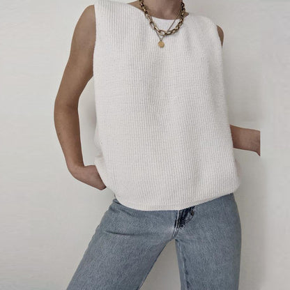 Retro White Loose Knit Sleeveless Vest With Thin Waistcoat