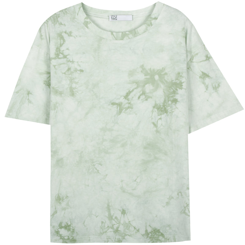 American Retro Green Tie-dye Short-sleeved T-shirt Women's Fashion Ins Niche Design Top Hair Two