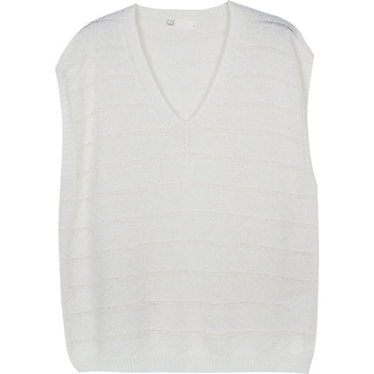 Retro White V-neck Thin Knitted Vest Women Ins Summer Wear All-match