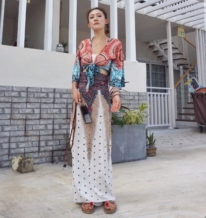 Beach Blouse Bohemian Island Ethnic Style Thailand Travel Vacation High Waist Tie Up Print Top Jacket Summer