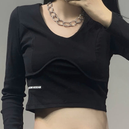 Camisa de manga larga con cuello en V y parte inferior corta para mujer