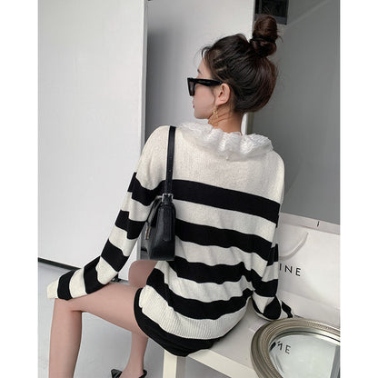 3.19 10 00 Pretty Girl Spring Lace V-neck Striped T-shirt