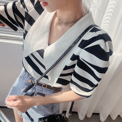 Square Neck Knitted Bubble Sleeve Short Sleeve T-Shirt Women"S Stripe Summer New Design Fashion Top