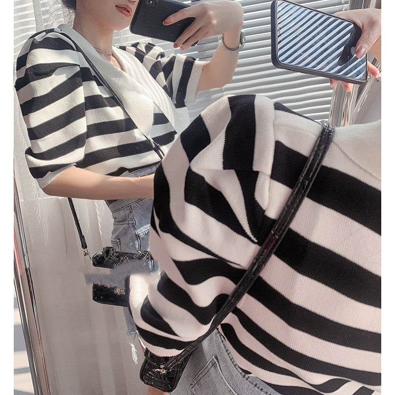 Square Neck Knitted Bubble Sleeve Short Sleeve T-Shirt Women"S Stripe Summer New Design Fashion Top