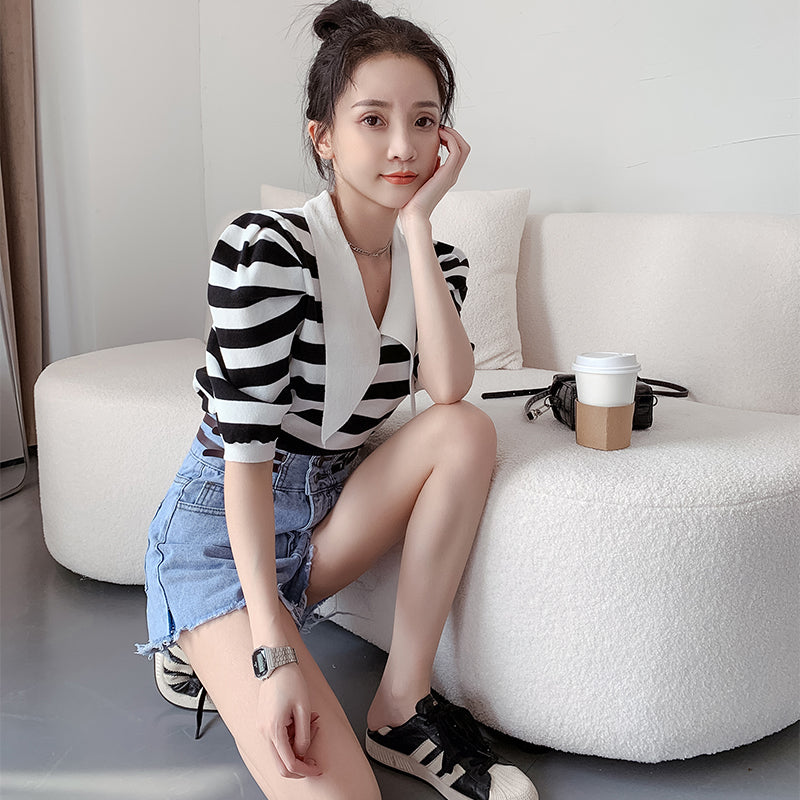 Square Neck Knitted Bubble Sleeve Short Sleeve T-Shirt Women"S Stripe Summer New Design Fashion Top