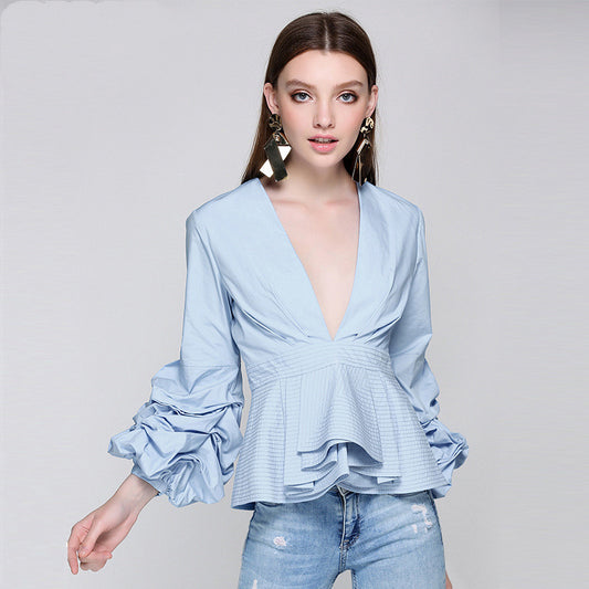 Camisa de manga de nueve puntos con cuello en V sexy delgada Blusa con volantes de color sólido Mujer