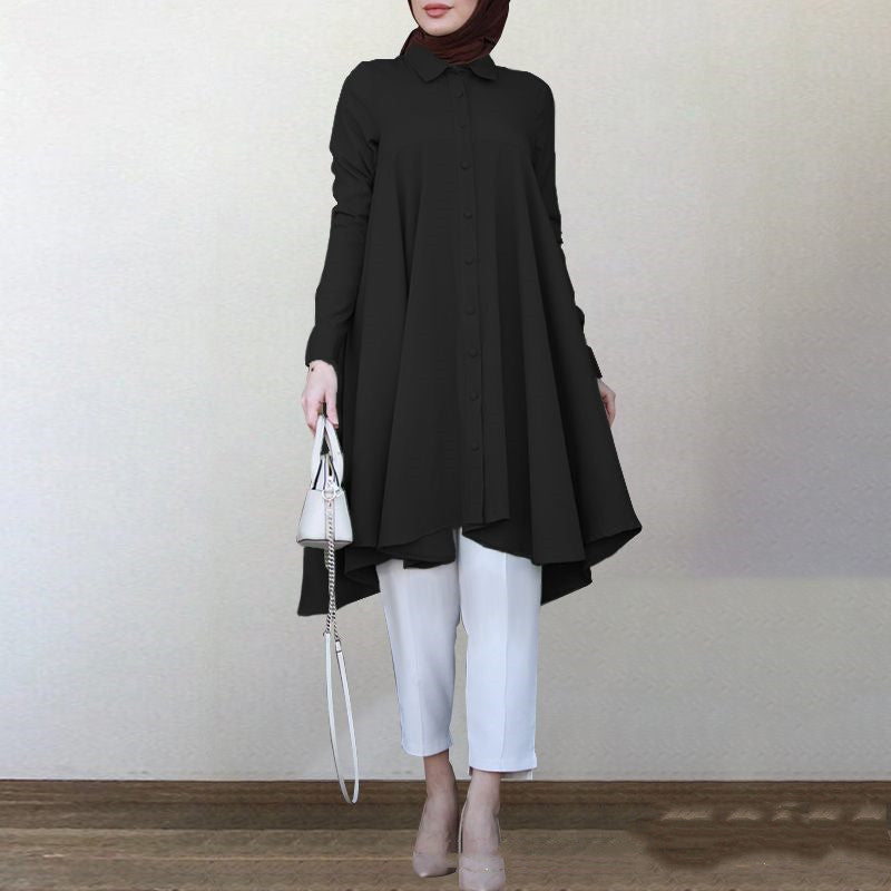 Women's New Muslim Solid Color Lapel Hem Long-sleeved Shirt