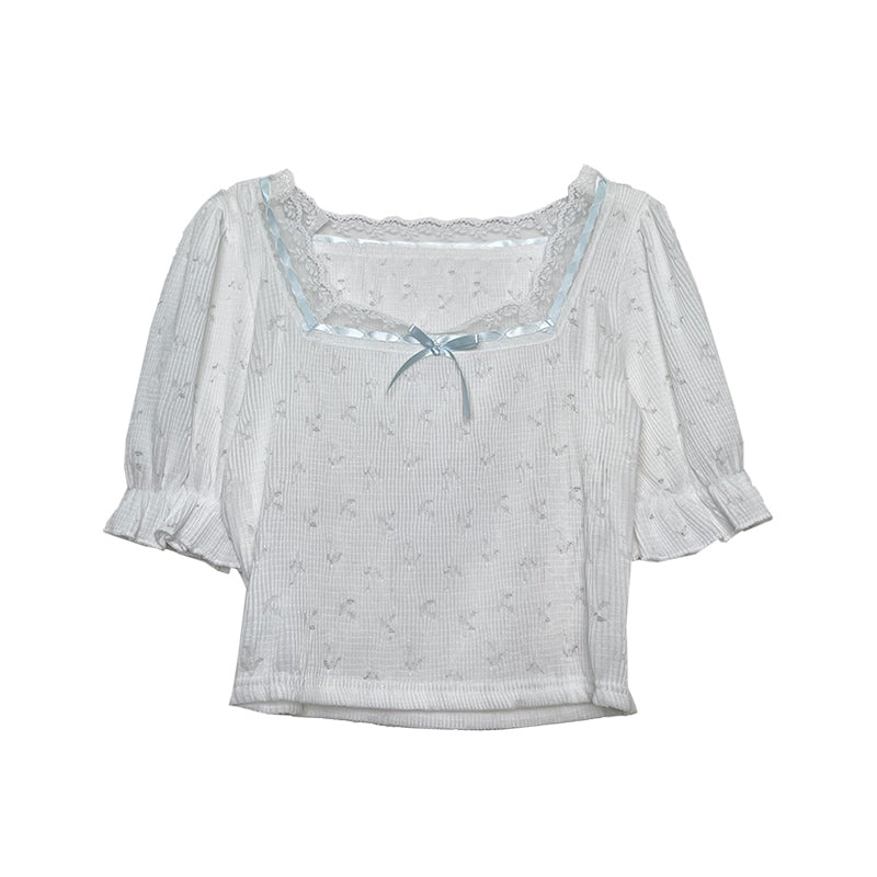 Lace Stitching Hollow Short-sleeved T-shirt Bowknot Pure Desire Girl Top Trend