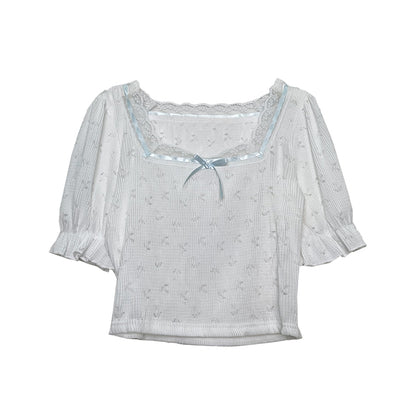 T-shirt manches courtes ajouré avec coutures en dentelle, nœud papillon, Pure Desire, haut pour fille, tendance