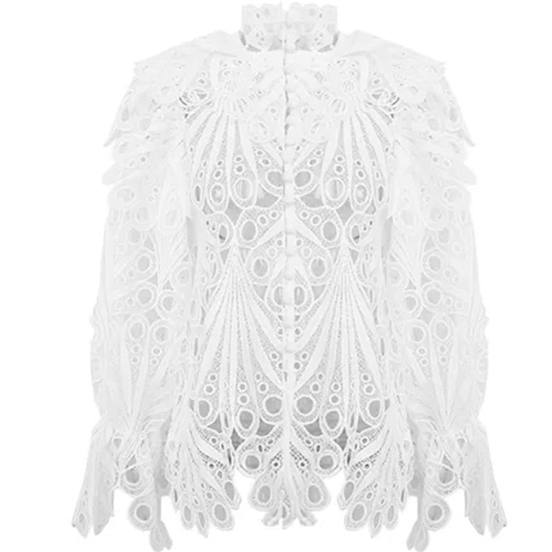 High Neck Lantern Sleeves Ruffled Heavy Embroidery Cutout Lace Shirt