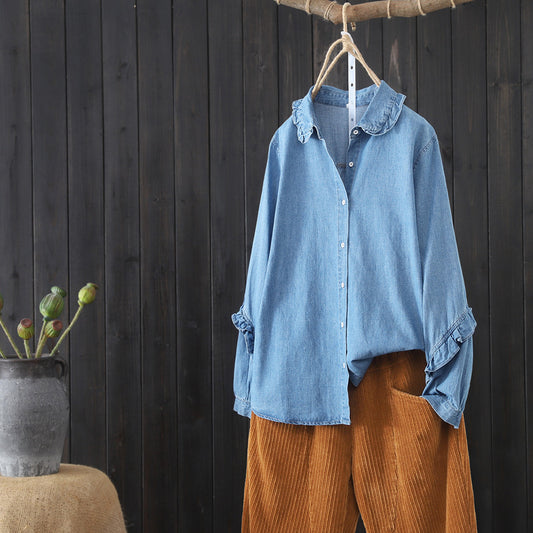 Lace Collar Solid Color Denim Shirt Women