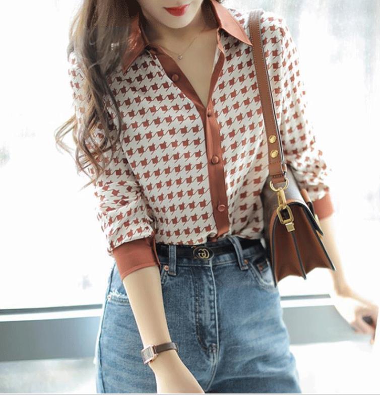 British Style Exquisite And Elegant Houndstooth Element Loose Long-sleeved Silk Shirt