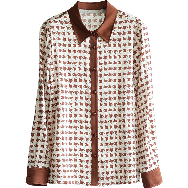 British Style Exquisite And Elegant Houndstooth Element Loose Long-sleeved Silk Shirt