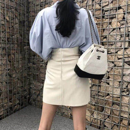 New Summer Women's Leather Skirt Pu Leather Black White High Waist