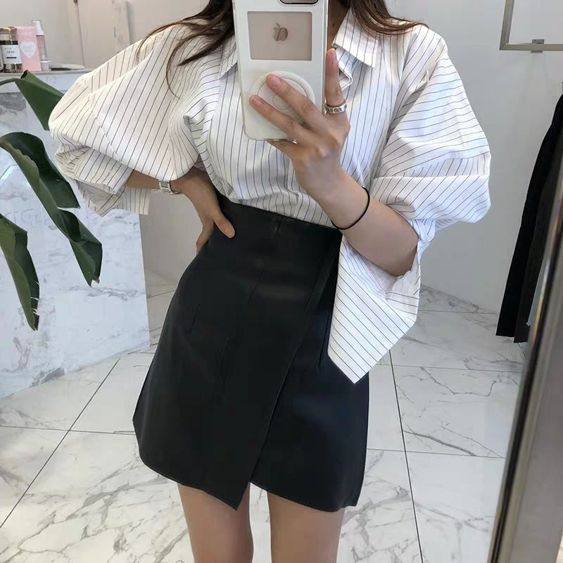 New Summer Women's Leather Skirt Pu Leather Black White High Waist