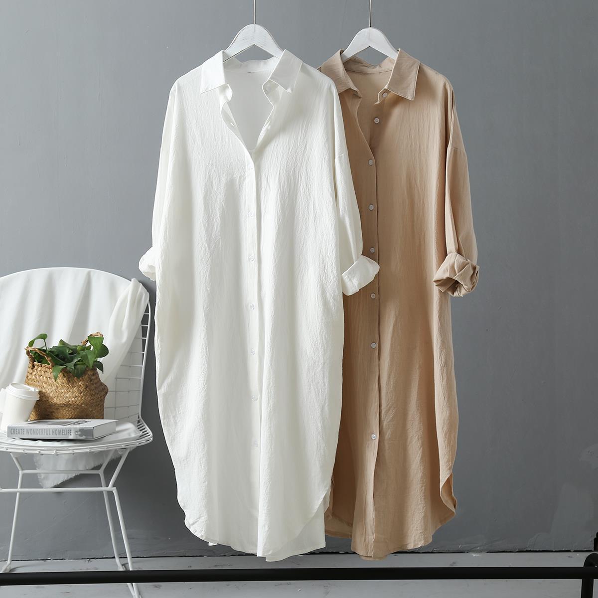 Long-Sleeved White Shirt Women'S Outer Wear Mid-Length Shirt Skirtt