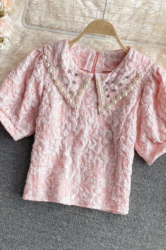 Camisa holgada de manga corta reductora de edad, camisa de Jacquard con cuello de muñeca y mangas abullonadas para mujer