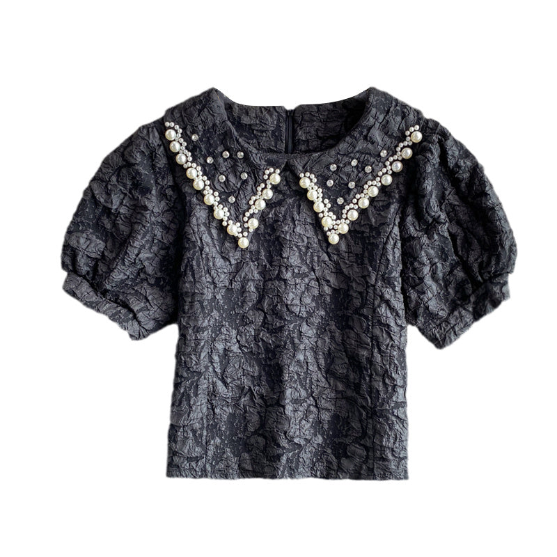 Loose Age-reducing Short-sleeved Shirt Puff Sleeve Doll Collar Jacquard Shirt Women