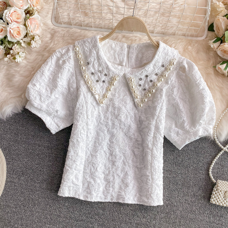 Loose Age-reducing Short-sleeved Shirt Puff Sleeve Doll Collar Jacquard Shirt Women