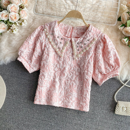 Loose Age-reducing Short-sleeved Shirt Puff Sleeve Doll Collar Jacquard Shirt Women