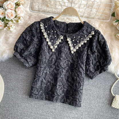 Loose Age-reducing Short-sleeved Shirt Puff Sleeve Doll Collar Jacquard Shirt Women