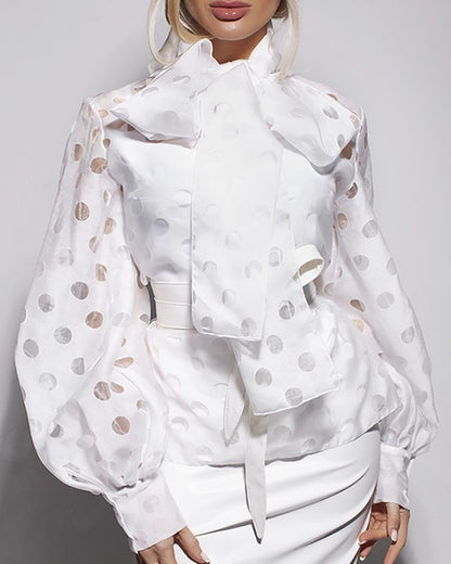 Hollow Polka Dot Big Bow Lantern Sleeve Shirt