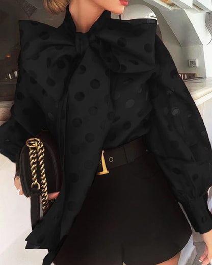 Hollow Polka Dot Big Bow Lantern Sleeve Shirt