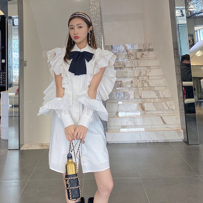 Ruffle Sleeve Shirt Skirt BOW White Dress