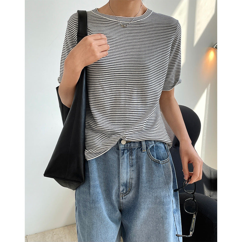 Summer New Korean Style Simple Stripe Short Sleeve T-Shirt Looks Thin And Loose