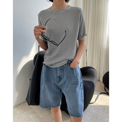 Summer New Korean Style Simple Stripe Short Sleeve T-Shirt Looks Thin And Loose