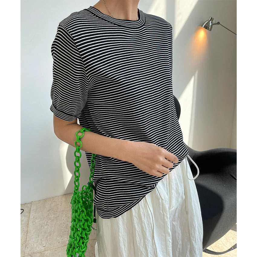 Summer New Korean Style Simple Stripe Short Sleeve T-Shirt Looks Thin And Loose