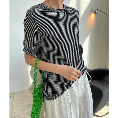 Summer New Korean Style Simple Stripe Short Sleeve T-Shirt Looks Thin And Loose