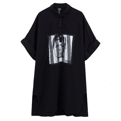 Chemise longue imprimée à couverture, personnalité, marque tendance, manches à cinq points, robe ample