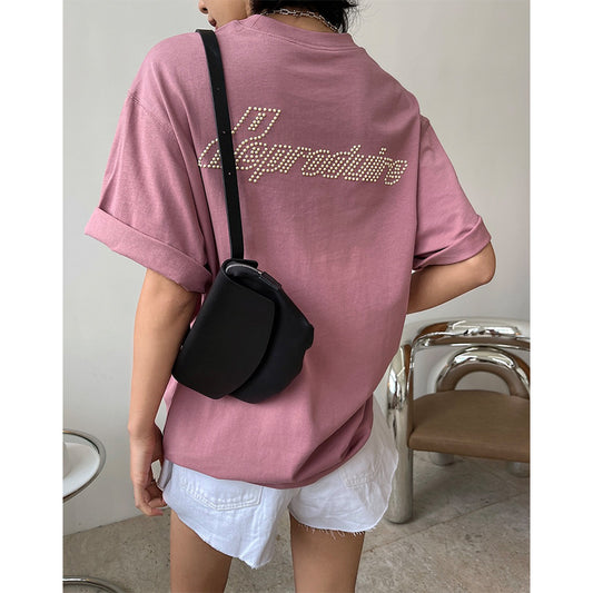 Casual Sports Style Beaded Round Neck Letter T-shirt With Loose Shoulders