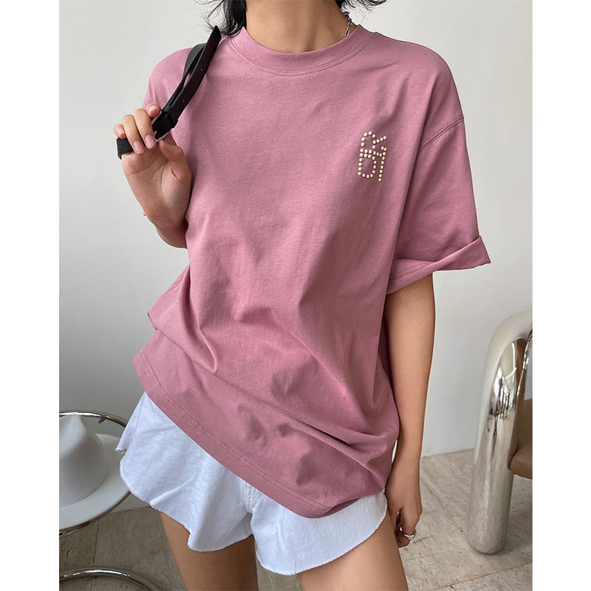 Casual Sports Style Beaded Round Neck Letter T-shirt With Loose Shoulders