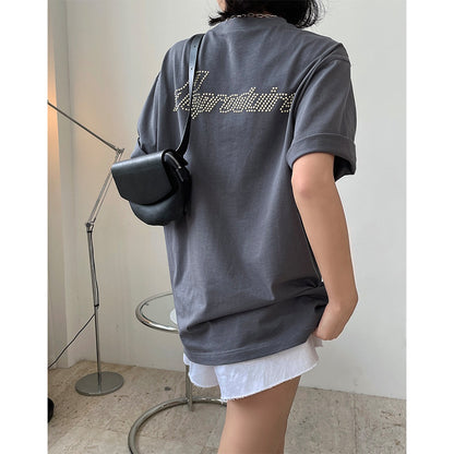 Casual Sports Style Beaded Round Neck Letter T-shirt With Loose Shoulders