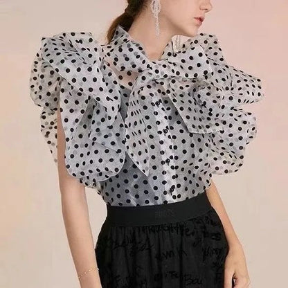 Korean Temperament Polka Dot Ruffled Puff Sleeve Lining