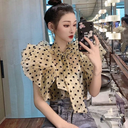 Korean Temperament Polka Dot Ruffled Puff Sleeve Lining