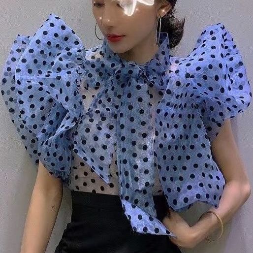 Korean Temperament Polka Dot Ruffled Puff Sleeve Lining