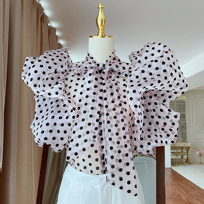 Korean Temperament Polka Dot Ruffled Puff Sleeve Lining