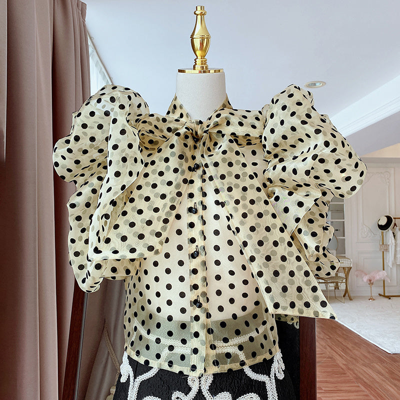 Korean Temperament Polka Dot Ruffled Puff Sleeve Lining