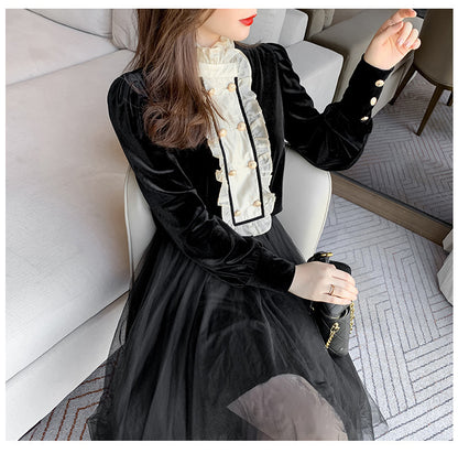 Gold Velvet Top, Stand-up Collar Stitching Velvet Bottoming Shirt With Wood Ear