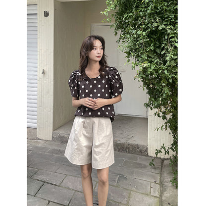 Short-sleeved Female Polka Dot Floral Korean Style Age-reducing Shirt Loose Puff Sleeves